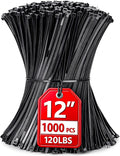 Zip Ties 12 inch, 1000 Pack Heavy Duty Black Zip Ties with 120 lbs Tensile Strength, Self-Locking Nylon Cable Ties,Wire Ties for indoor and outdoor use.