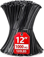 Zip Ties 12 inch, 1000 Pack Heavy Duty Black Zip Ties with 120 lbs Tensile Strength, Self-Locking Nylon Cable Ties,Wire Ties for indoor and outdoor use.