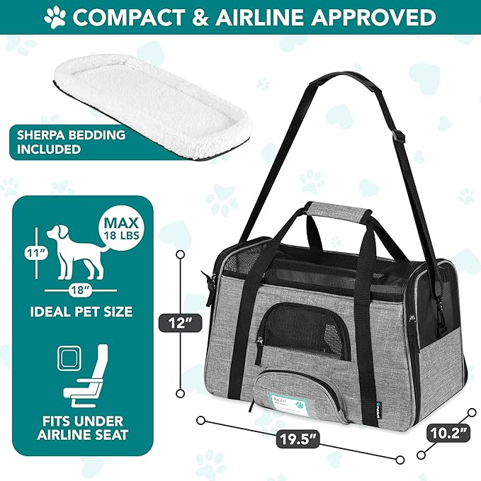 PetAmi Airline Approved Pet Carrier for Cats & Small Dogs, Soft Sided TSA Travel Carrier Bag Sherpa Bed, Breathable Mesh Ventilation, Collapsible Bowl, Fit Under Seat, Up to 18 lbs, Large Heather Gray