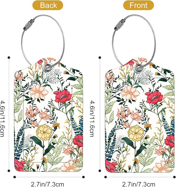 2Pack Luggage Tags for Suitcases, Cute Unique Pu Leather Cruise Luggage Tag with Privacy Cover ID Label Address Card and Metal Ring Suitable for Women Men Kids Travel Bag Red Flowers and Green Leaves