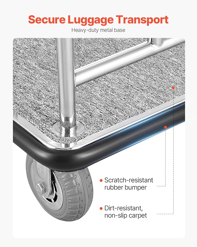VEVOR Hotel Luggage Cart, Brushed Stainless Steel Finish Bellman's Cart, Valet Cart with Grey Carpeted Deck and 6-inch Rubber Wheels, Ideal for Hotels, Condos, Resorts, Silver