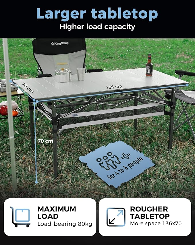 KingCamp Folding Camping Table, Portable Camp Table Foldable Aluminum Roll Up Seamless Desktop with Storage and Tall Legs for Outdoor Backyard Picnic