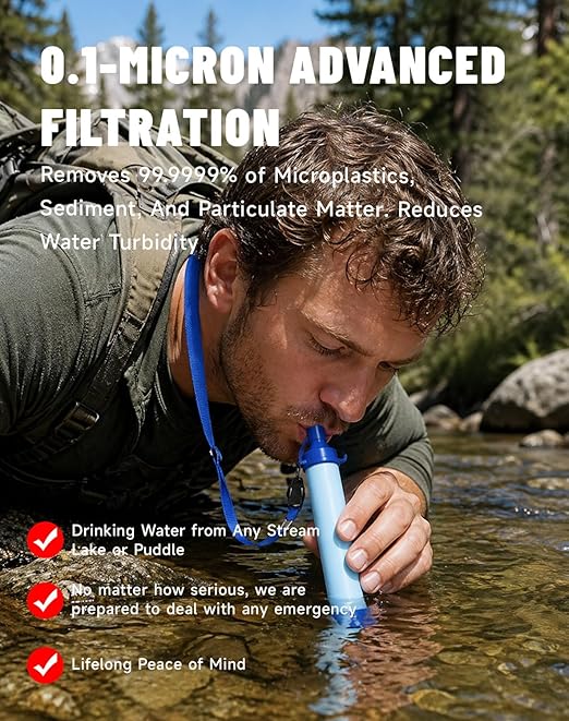 Water Filter, Portable Water Filter Straw, Emergency Survival Filtration System, Lightweight Personal Water Purifier, Includes 480ml Reservoir & Tube, for Hiking, Camping, Travel (3)