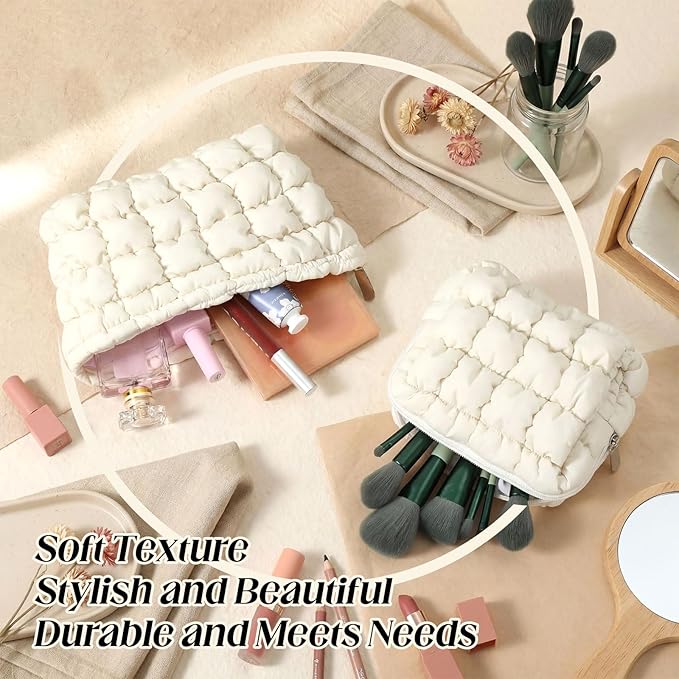 Huhumy 2 Pcs Puffy Makeup Bag Quilted Cosmetic Pouch for Women Cute Checkered Travel Toiletry Bag Puffer Makeup Organizer Purse Pouch Preppy Pencil Case with Zipper(White)
