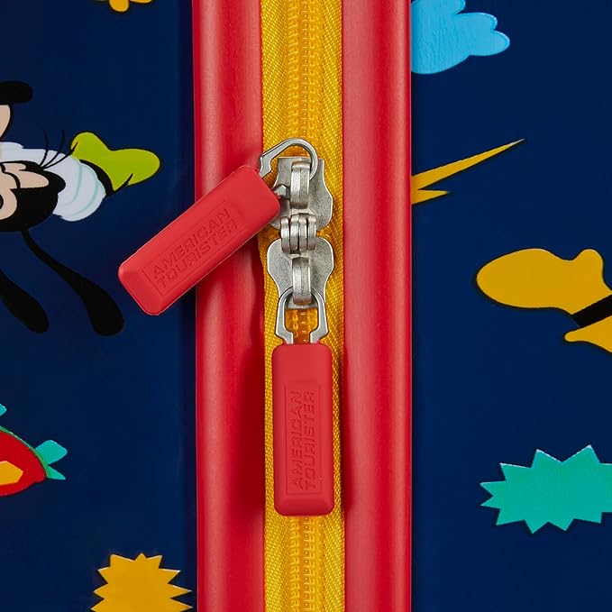 American Tourister Mickey Mouse Carry-On Luggage - Airline Approved, Durable Hardshell with Micky, Donald Duck, Pluto & Goofy - Roll Confidentially with Spinner Wheels & Colorful Adjustable Handle