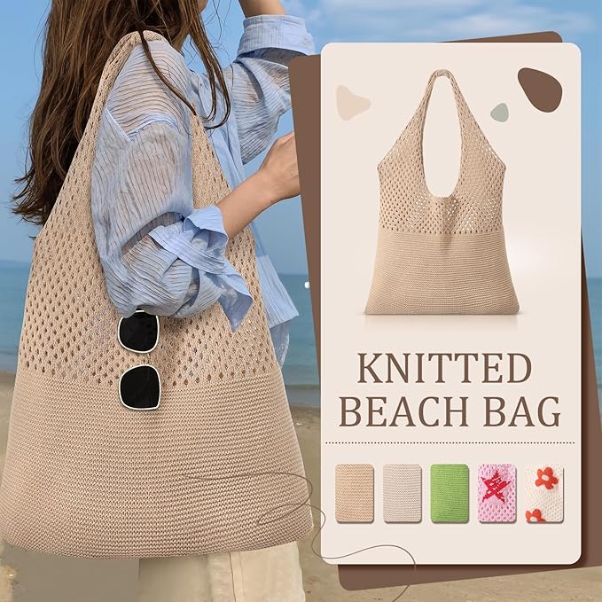 Premillow Crochet Beach Tote Bags, Stylish Mesh Beach Bags Shoulder Bag for Women, Cute Summer Vacation Boho Tote Bag