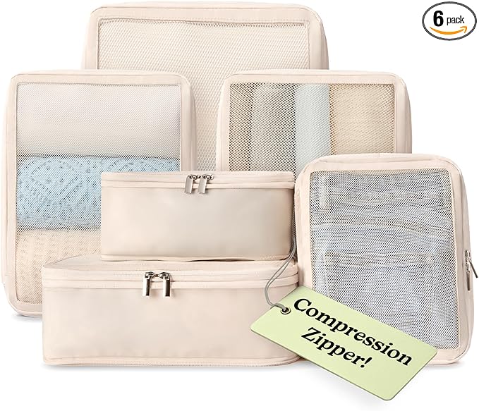 Vandel Space-Saving Compression Packing Cubes for Women, Men, 6-Pack Compressible Carry On Suit Case Organizer Luggage Packing Cubes for Travel Compression Organizer Bags for Luggage, Suitcase Cube