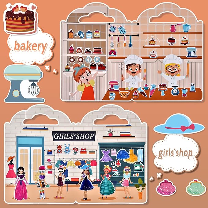 6 Set (260pcs) Puffy Sticker Books Activity for Girls, Reusable Stickers Book, Fairytale+Garden+Princess Party+Mermaid+Kids Zone+Girls' Shop, Travel Book for Kids Ages 3+