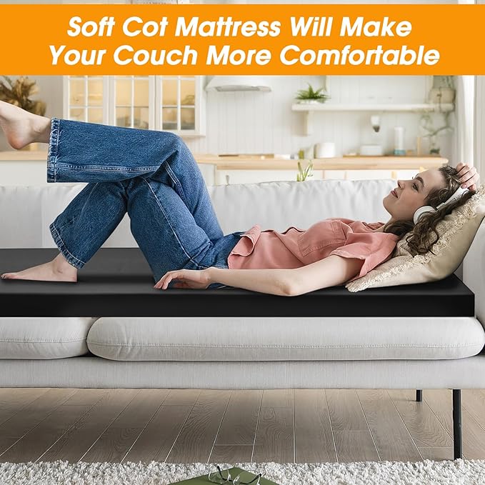 CYMULA Camping Cot Mattress 2in Memory Foam Sleeping Pad,Soft Warm Non-Slip Camping Mattress Topper with Retaining for Adults,Portable Roll up Pad for Travel（only Mattress）