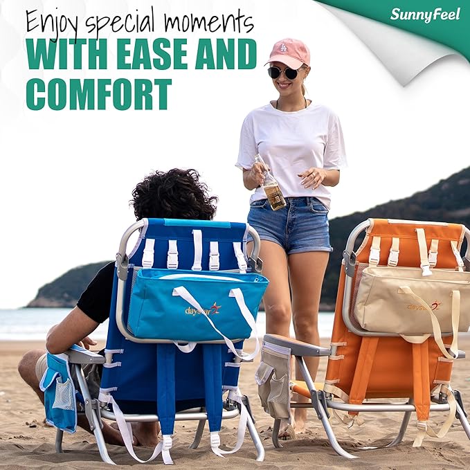 SUNNYFEEL Low Beach Chair 2 Pack, 5-Position Lay Flat Reclining, Backpack Portable Folding Chairs with Cooler Bag & Cup Holder, Heavy Duty 350 LBS, Compact for Beach, Camping, Travel