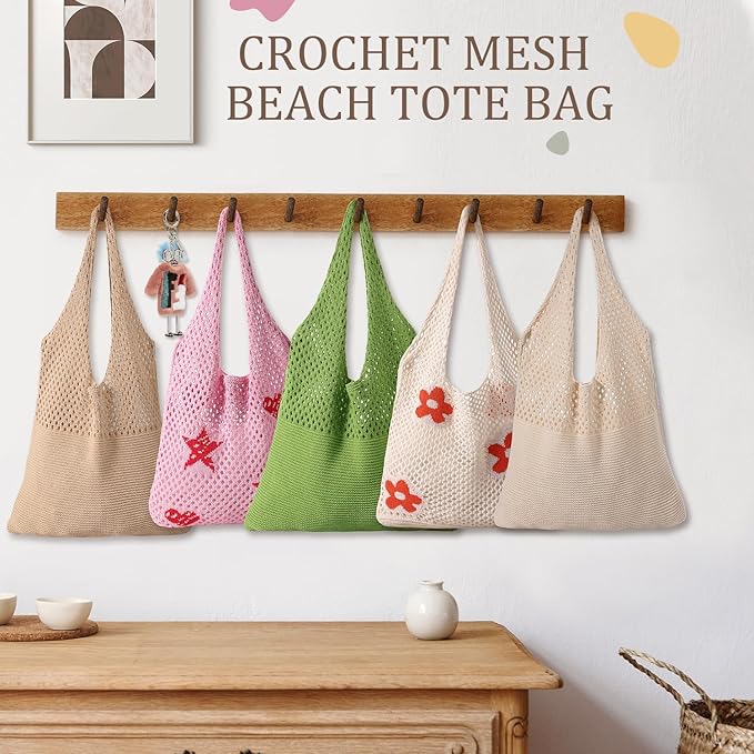Premillow Crochet Beach Tote Bags, Stylish Mesh Beach Bags Shoulder Bag for Women, Cute Summer Vacation Boho Tote Bag