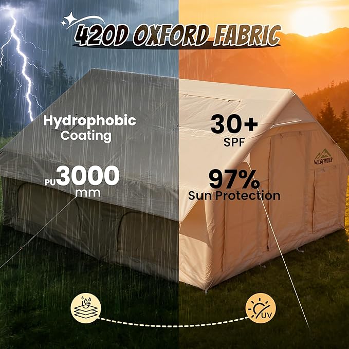 Inflatable Tent with Skylight, Quick Setup Blow Up Tents with Pump, Hot Tent with Stove Jack, Waterproof Oxford Inflatable House for Camping, Air Glamping Tents for Camping Adult 8-12 Person