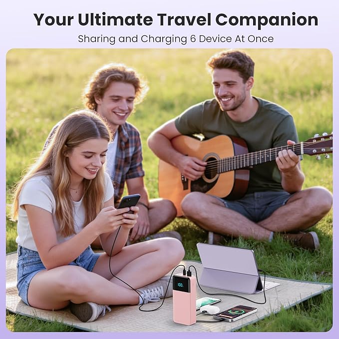 Portable Charger Power Bank 50800mAh,25W USB C Fast Charging Battery Pack with 3 Built in Cables & LED Display,6 Output 2 Input Travel Essentials Phone Charger for iPhone 17/16/15,Android etc (Pink)