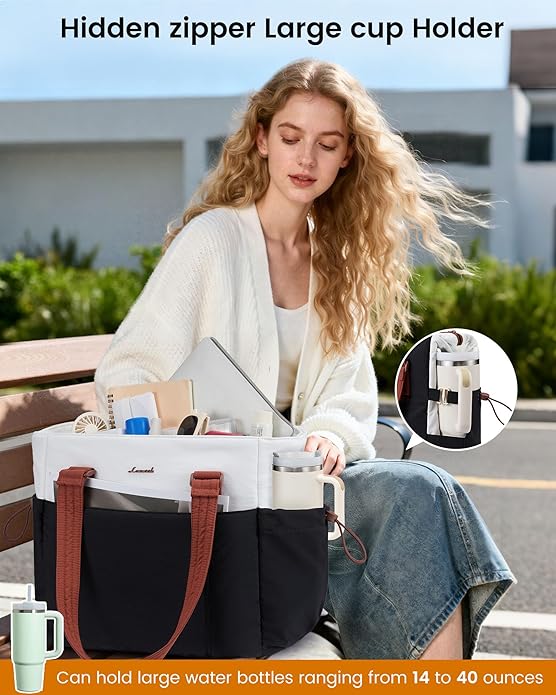 LOVEVOOK Tote Bag for Women, Puffy Work Tote with Large Cup Holder, Quilted Laptop Bag Travel Tote Shoulder Bag Handbag