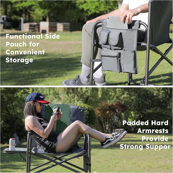 Colegence Oversized Directors Camping Chair Set of 2 Support 600 LBS, Heavy Duty Folding Outdoor Chairs with Detachable Side Pocket and Adjustable Side Table for Outside Beach,Lawn,Fishing (Green)