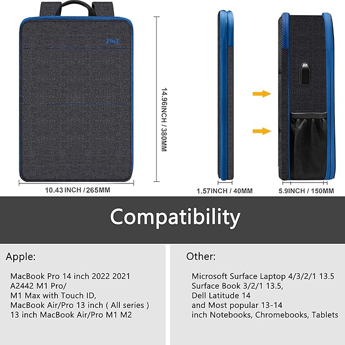 ZINZ Slim & Expandable Laptop Backpack Water Resistant Backpack Travel Backpack Compatible with MacBook Air/Pro/Neo 13-14 inch, XPS 13/14, Surface 13.5" and Most 13-14 Notebooks，B01BL01