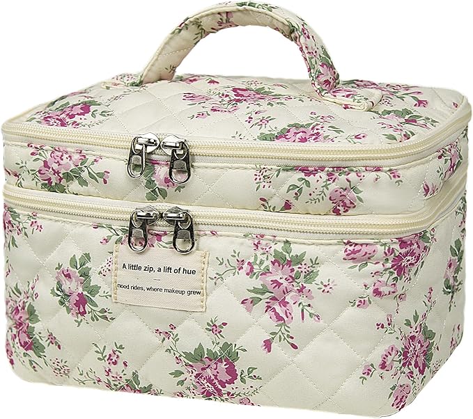 Gosect Large Quilted Makeup Bag, Large Floral Cosmetic Bag for Women, Cute Cotton Makeup Bags, Flower Travel Toiletry Organizer Bag (Pink Flowers)