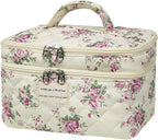 Gosect Large Quilted Makeup Bag, Large Floral Cosmetic Bag for Women, Cute Cotton Makeup Bags, Flower Travel Toiletry Organizer Bag (Pink Flowers)