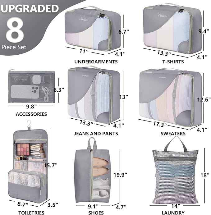 8 Set Packing Cubes for Travel, Gifts for Women Mom,Anti-Tearing Suitcase Organizer,OlarHike Vacation Essentials & Accessories for Cruise Ship