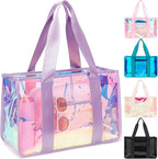 Fammart Iridescent Clear Beach Bag for Women, Jelly Tote Bag Waterproof Sandproof Pool Bag Cruise Vacation Essentials
