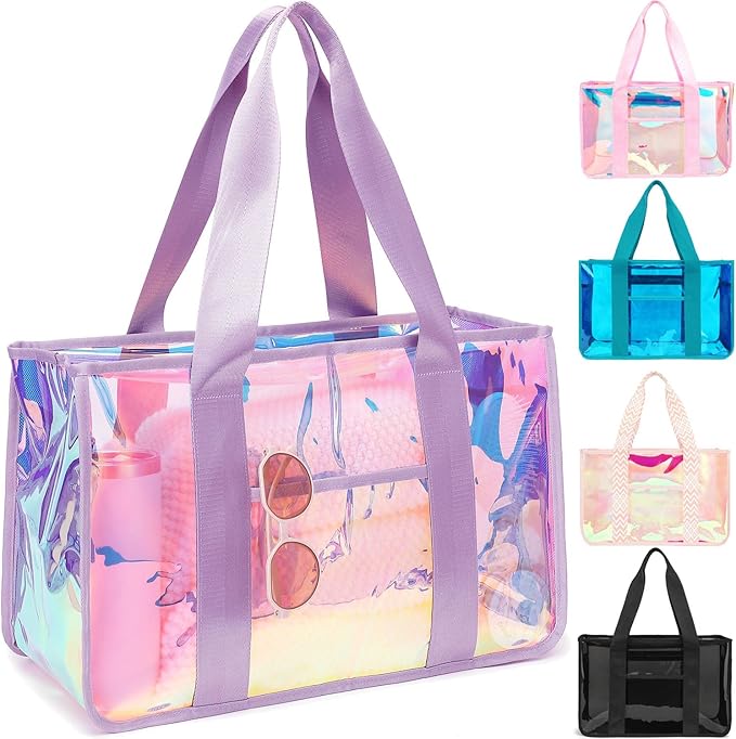 Fammart Iridescent Clear Beach Bag for Women, Jelly Tote Bag Waterproof Sandproof Pool Bag Cruise Vacation Essentials