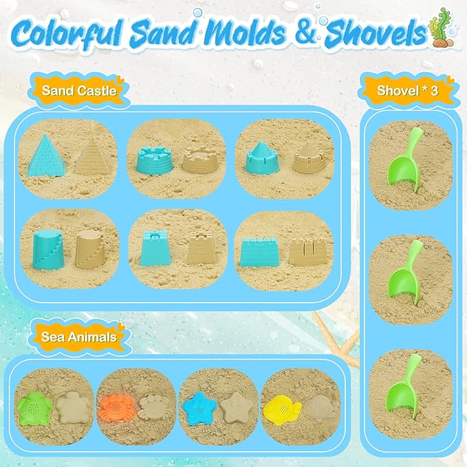 RACPNEL Collapsible Beach Toys for Kids, 3 Pack Foldable Sand Buckets and Shovels Set with Mesh Bag, Silicone Pails for Beach Travel Essentials, Easter Egg Hunt, Sand Toys Molds for Kids and Toddlers