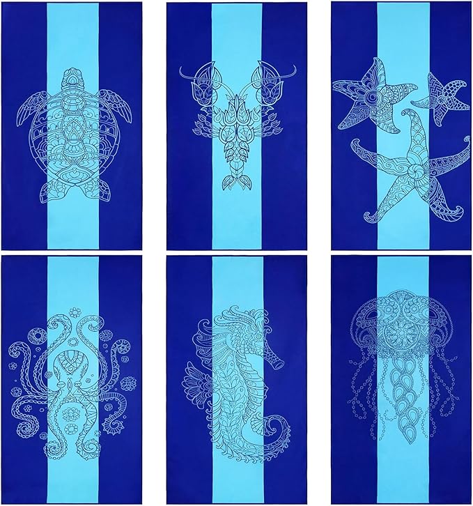 FuWeave 6 Pcs 72 x 36 Microfiber Oversized Beach Towels Large Absorbent Thin Compact Lightweight Sand Free Quick Dry Towels Pack for Travel Pool Yoga Gym Sports Beach Accessories(Marine Animals)