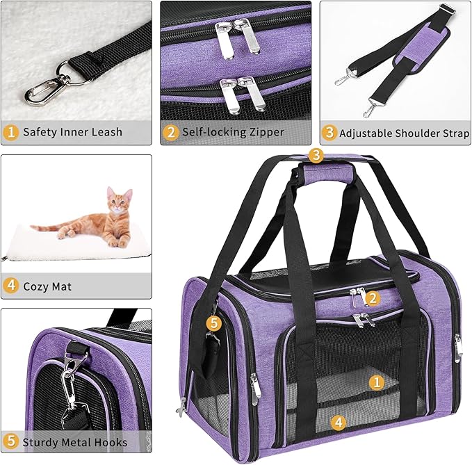 Soft-Sided Cat/Dog/Pet Carrier, Collapsible Pets Travel Carriers for Big Cats/Small Dogs with Shoulder Strap & Removable Mat, Mesh Puppy Carry Bag, Up to 25 Lbs(Purple)