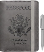 WALNEW Passport Holder for Travel, RFID Passport Cover Wallet for Women Men, PU Leather Passport Book Card Holder Case with Pen, Travelling Essentials for Flying