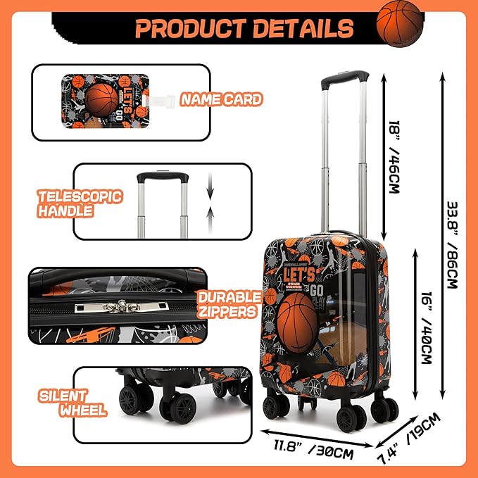 Kid’s Luggage Set 2 Piece Suitcase Set 16’’ Hardside Luggage with Spinner Wheels Girls Boys Carry on Toddler Luggage Travel Rolling Luggage Carry on Luggage Airline Approved Basketball