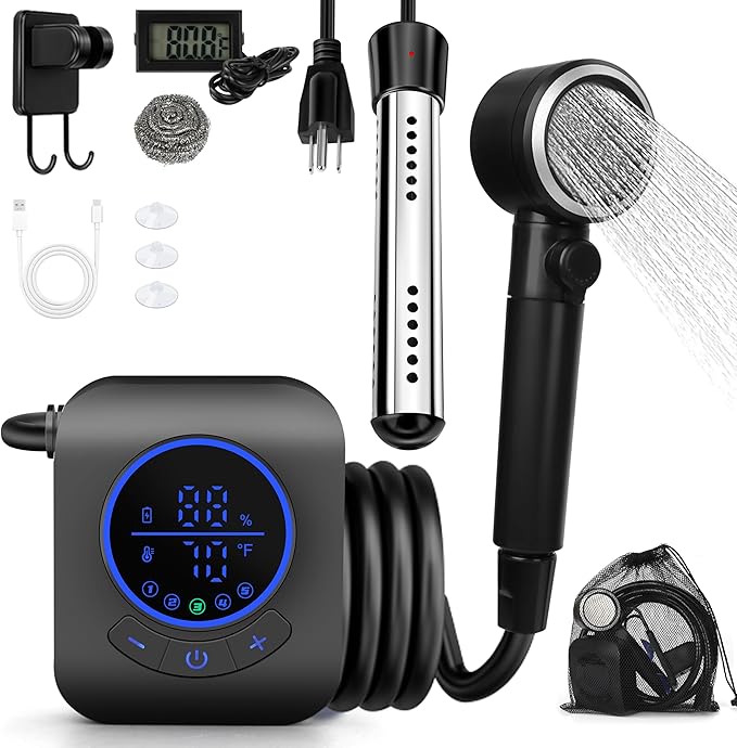 Portable Shower with Water Heater–Camping Shower Pump with 8000mAh Battery, 5-Speed Settings, LCD Display, 6L/min, IPX8–Portable Shower Head for Camping, Hiking, Car, Pets