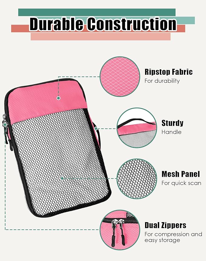 WTREE 4-Piece Packing Cubes Travel Accessories Set for Suitcases - Luggage Organizer Bags with Double Zipper - Mesh Top - Small/Medium/Large/Slim - Pink