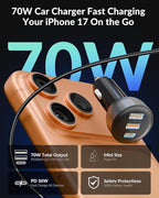 iPhone 17e 17 16 15 Pro Max Car Charger Fast Charging, 70W 3-Port USB C Car Charger Cigarette Lighter Adapter Accessories & 3FT USB C Cable for iPhone 17e/17/17 Pro Max/Air/16/16e/15 Pro/Plus, iPad
