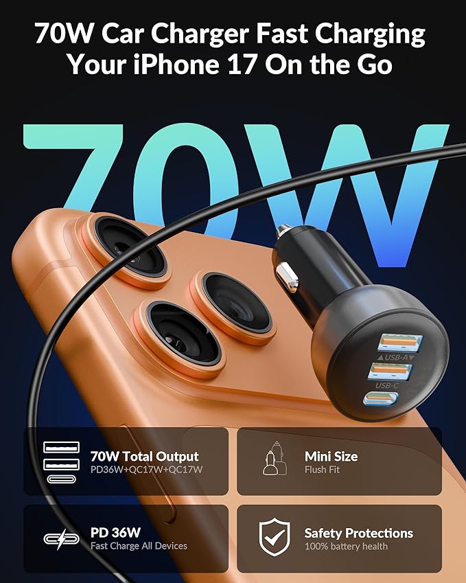 iPhone 17e 17 16 15 Pro Max Car Charger Fast Charging, 70W 3-Port USB C Car Charger Cigarette Lighter Adapter Accessories & 3FT USB C Cable for iPhone 17e/17/17 Pro Max/Air/16/16e/15 Pro/Plus, iPad