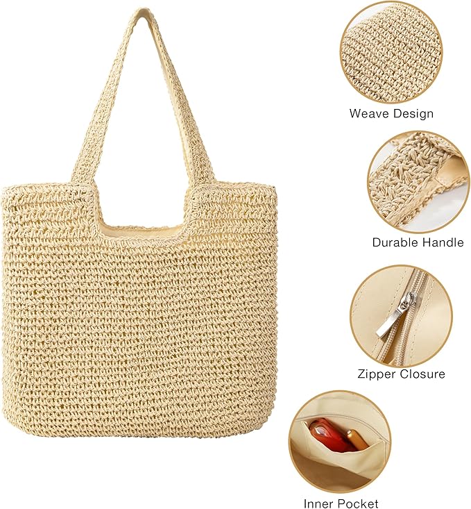 Trifabricy Beach Bags for Women, Large Beach Bag, Woven Straw Tote Bags Waterproof, Weaving Swim Shopping Travel Bag