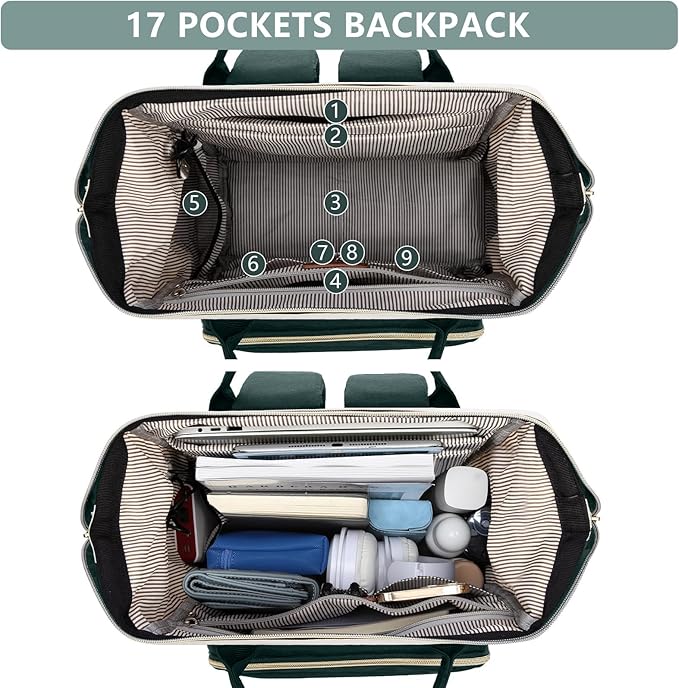 Laptop Backpack for Womem Work Bags: 17.3 Inch Travel BackPacks With USB Charging Port Anti Theft Fashion College BookBag Durable Daypack Purse Bussiness Back Pack for Nurse Teacher Green Beige