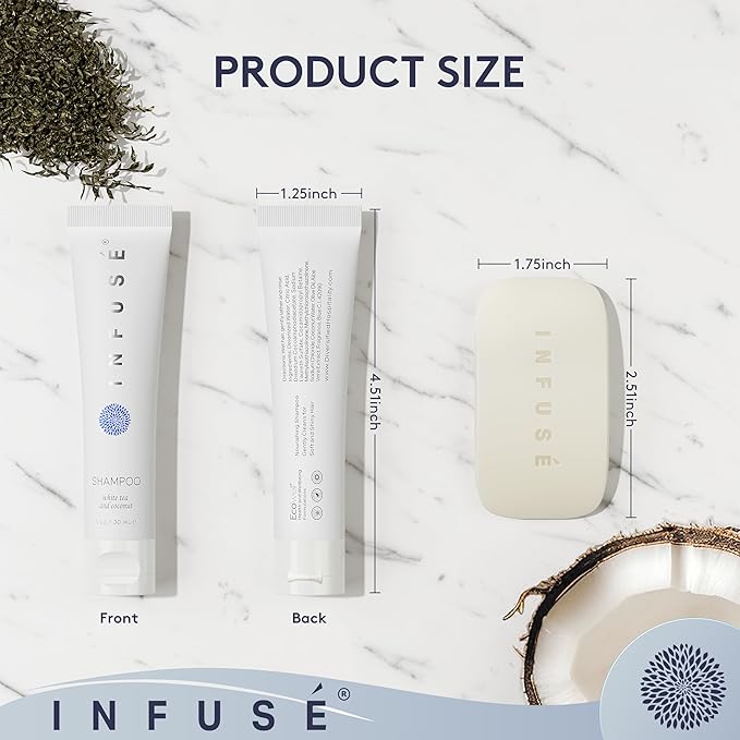 Infuse Pure White Tea and Coconut All-In-Kit Hotel Soaps and Toiletries Bulk Set | 1oz Shampoo & Conditioner, Body Wash, Lotion & 1.25oz Bar Soap | Travel Size 75 Pieces.