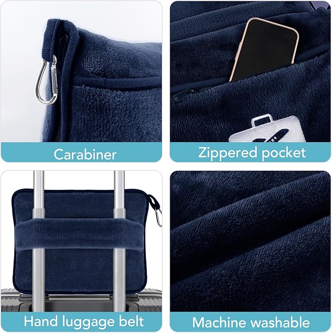 SINLAND Travel Pillow and Blanket 2-in-1 Set,Airplane Packable Bag,Soft and Lightweight Plane Flight Car Trips Travel Essentials Gift,Hand Luggage Sleeve and Backpack Clip,60x50 Inch NavyBlue