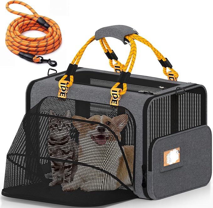 PAWZIDEA Expandable Large Pet Carrier, 24"×16"×16" Soft-Sided Cat Carrier for 2–4 Cats up 55lb, Portable & Collapsible Small Medium Dog Travel Crate for Car, XL Storage Pocket, ID Card, Shoulder Strap