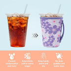 KJQJLY 3 Pack Reusable Iced Coffee Sleeves for Iced Coffee Cups or Drinks Reusable Neoprene Insulated Sleeves for Hot and Cold Drinks from Starbucks, Dunkin, And More (Little Purple Flowers)