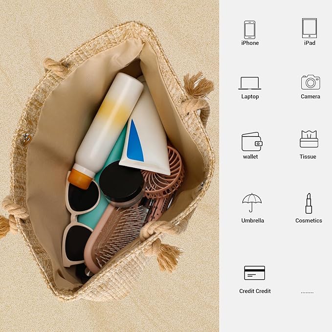 Tavaleu Straw Beach Bags for Women, Large Beach Bag Summer Woven Tote Bag Travel Shoulder Handbags for Holiday