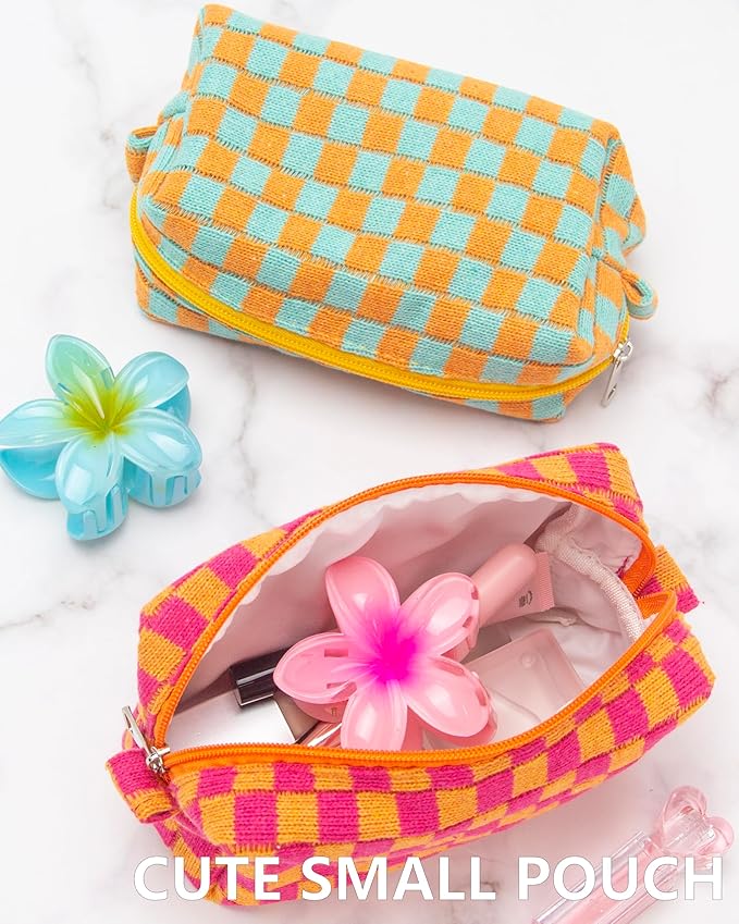 PAZIMIIK 2PCS Checkered Makeup Bag for Purse Portable Zipper Make Up Pouch Small Cosmetic Case for Travel Red Orange