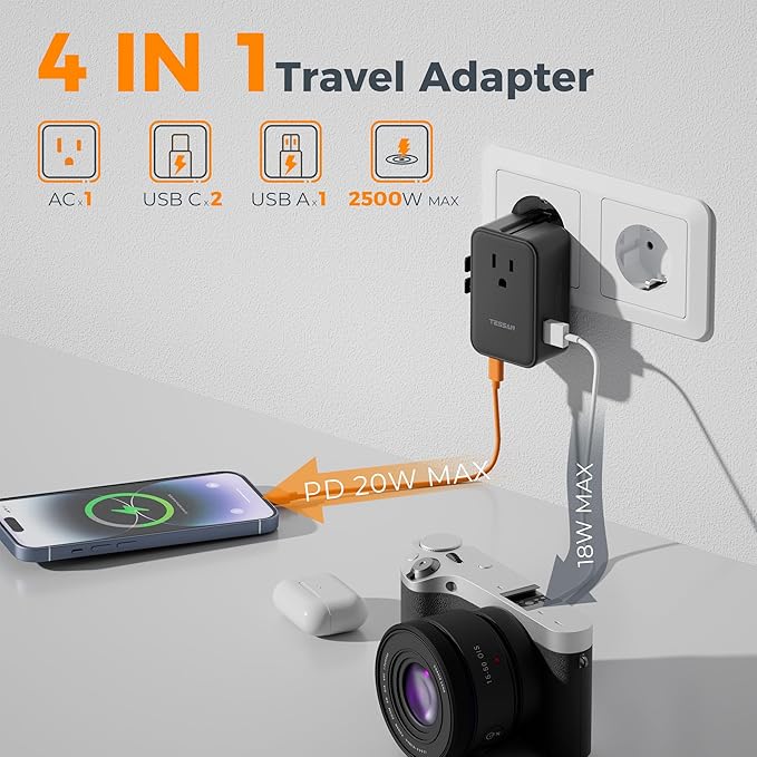TESSAN 20W International Power Adapter, Ultra Slim Universal Travel Adapter with 2 USB-C 1 USB-A, Travel Adaptor Worldwide Plug for US to European UK Spain England New Zealand (Type C G A I), Black