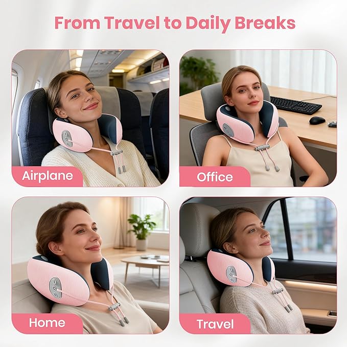 Medicane Pink Neck Travel Pillow with Massage, Neck Massager with Heat & Gentle Vibration Massage with Ergonomic Foam,Perfect for Airplane,Car,Office,Pain Relief,Sleeping,Traveling,Long Flight