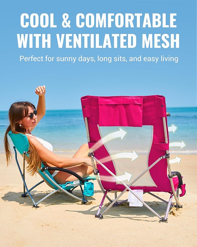 KingCamp Low Beach Chair, High Back Folding Camping Chair for Adults, Oversized Breathable Mesh Seat, 300lbs Heavy Duty Portable Chair with Cup Holder & Storage Pockets for Beach, Outdoor