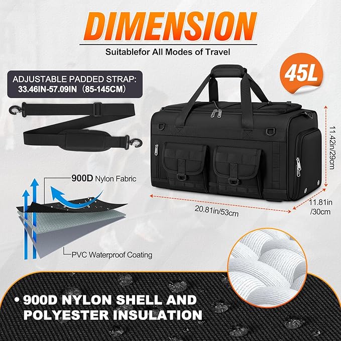 RAINSMORE 3 in 1 Gym Bag for Men, 45L Large Sports Duffle Bag with Shoe Compartment and Wet Pocket, Water-Resistant Tactical Backpack Carry On for Travel, Workout & Military Gear, Black