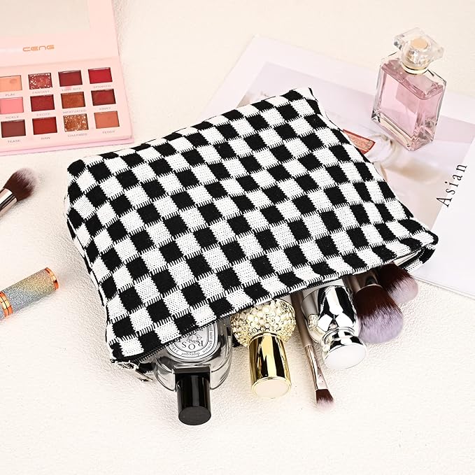 SOIDRAM 2 Pieces Black Makeup Bag Large Checkered Cosmetic Bag Capacity Canvas Mix Travel Toiletry Bag Organizer Cute Makeup Brushes Aesthetic Accessories Storage Bag for Women, Checkered Mix Black