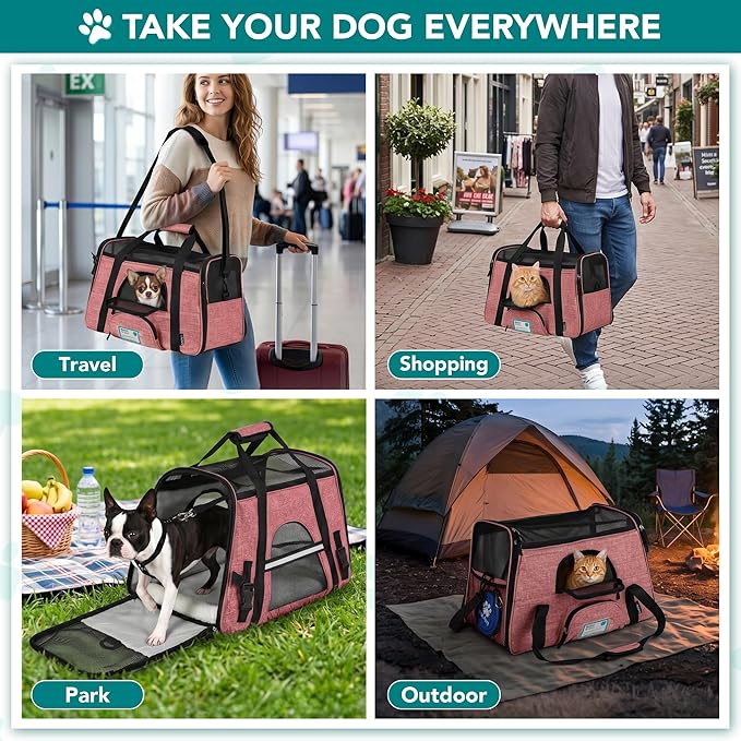 PetAmi Airline Approved Pet Carrier for Cats & Small Dogs, Soft Sided TSA Travel Carrier Bag with Sherpa Bed, Breathable Mesh Ventilation, Collapsible Bowl, Up to 18 lbs, Large Heather White Red