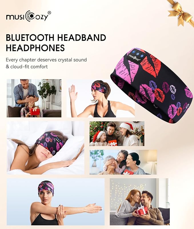 MUSICOZY Sleep Headphones Bluetooth 5.4 Headband, Wireless Earphones Music Sleep Earbuds Sleeping Eye Mask with HD Stereo Speakers for Workout Running Travel Yoga, Ideal Gifts (Rainbow Lip)