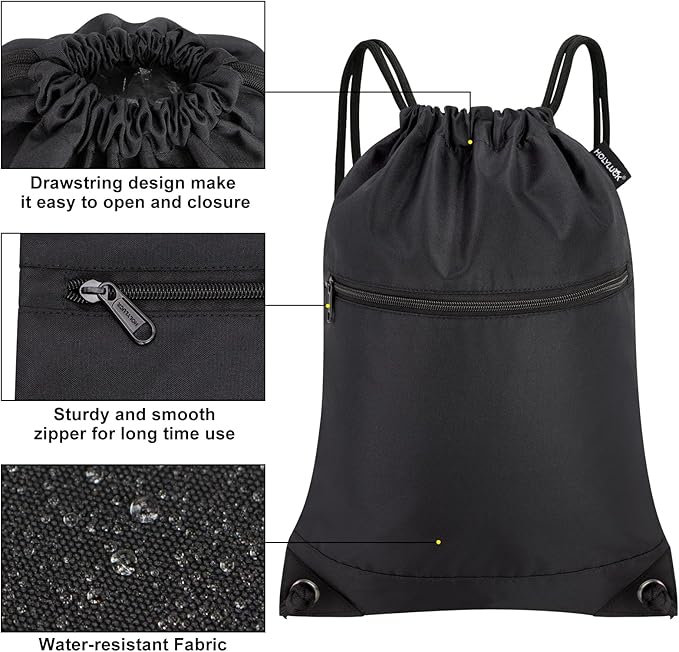 HOLYLUCK Drawstring Bags Backpack Sackpack Cinch Bags for Sports, Gym, Travel, Beach (Black)